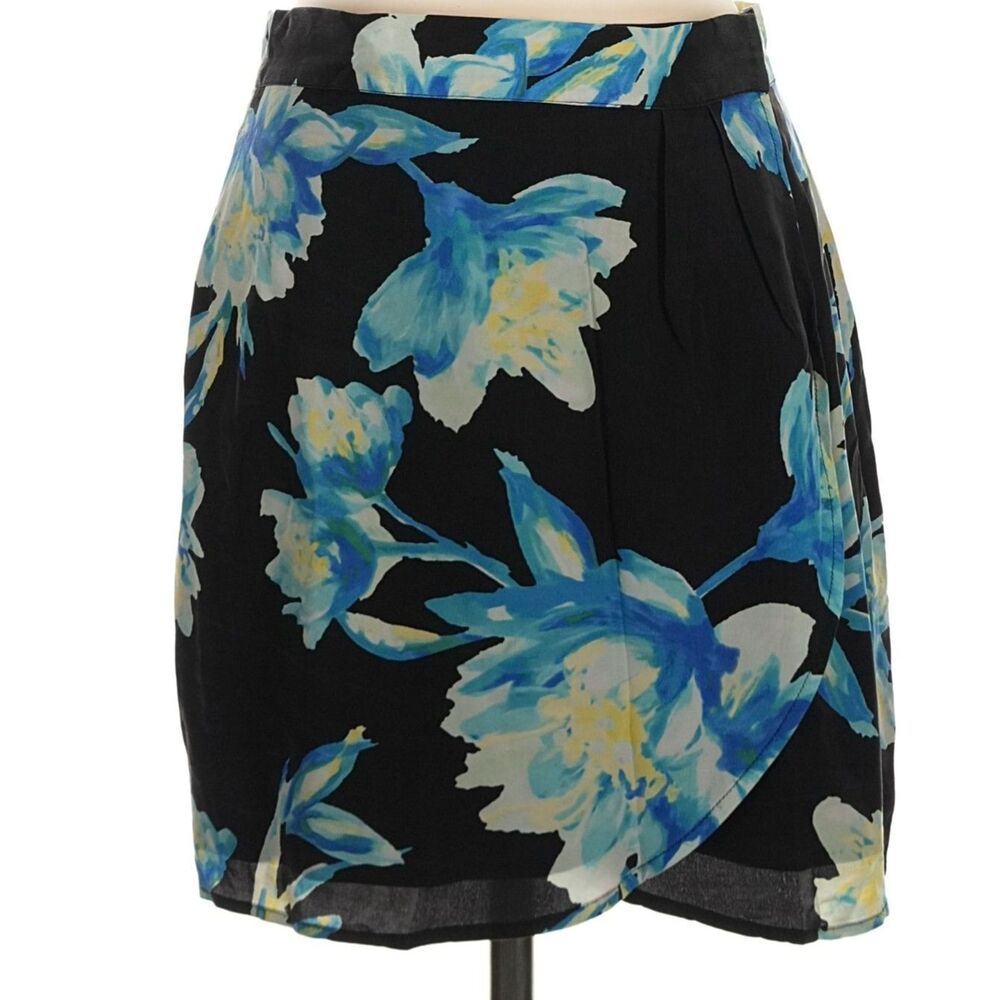 Yumi Kim 100% Silk Blue Floral Watercolor Print Skirt Sz M